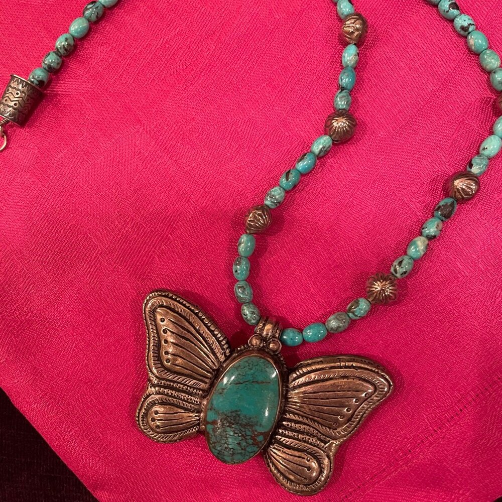 Fabulous turquoise and silver butterfly on turquoise and silver chain